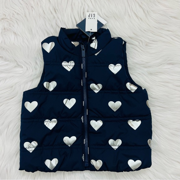 Gap Kids Toddler 12-18months Metallic Silver Hearts Navy Blue Puffer Vest - Picture 1 of 13